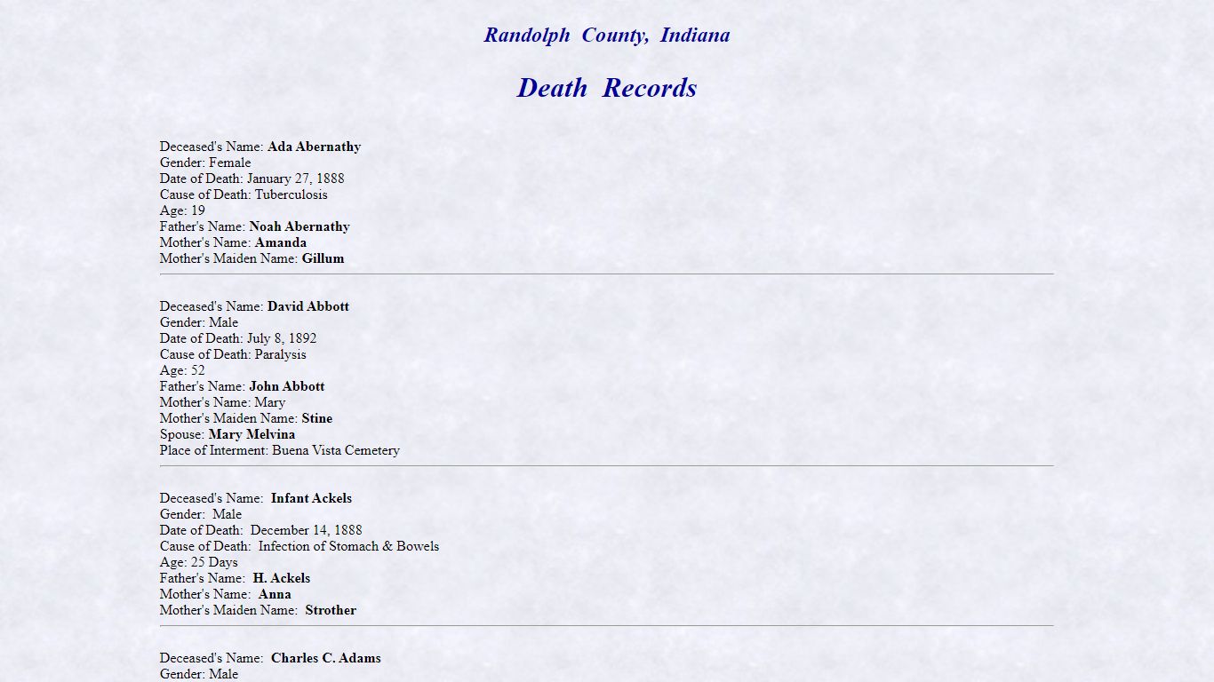 Randolph County Indiana, Death Records